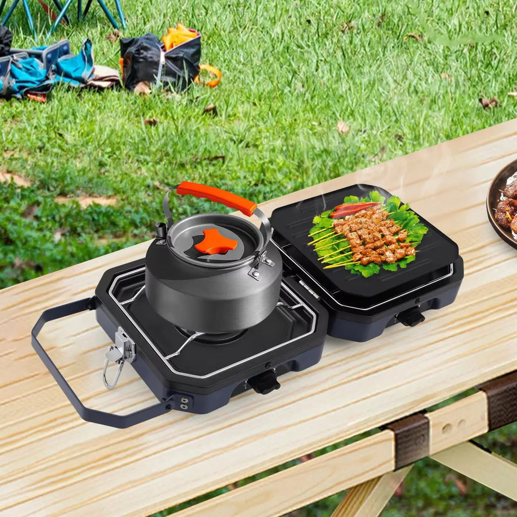 Folding 2-Burner Camping Gas Stove with Non-Stick Grill Pan