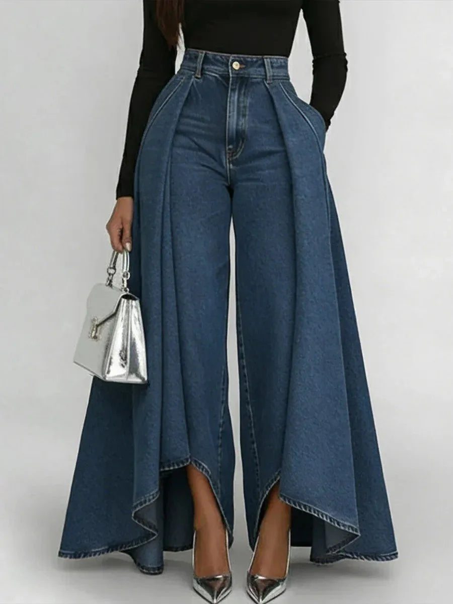 Women's Straight Leg Pants Casual Denim Print Mid-Waist Button