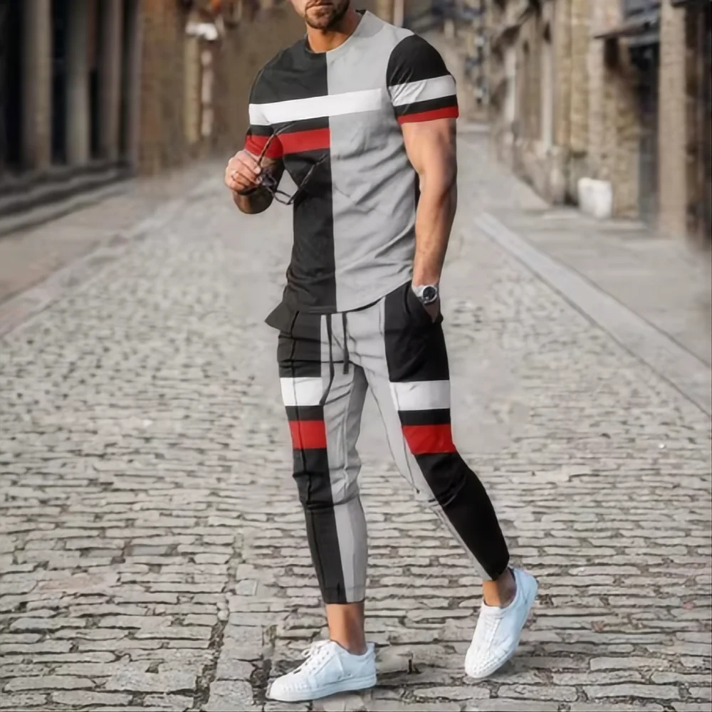 Men's Casual 3D Print T-Shirt and Pants Suit Set