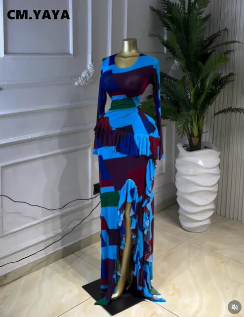 Women's Tie Dye Ruffle O-Neck Bodycon Maxi Dress