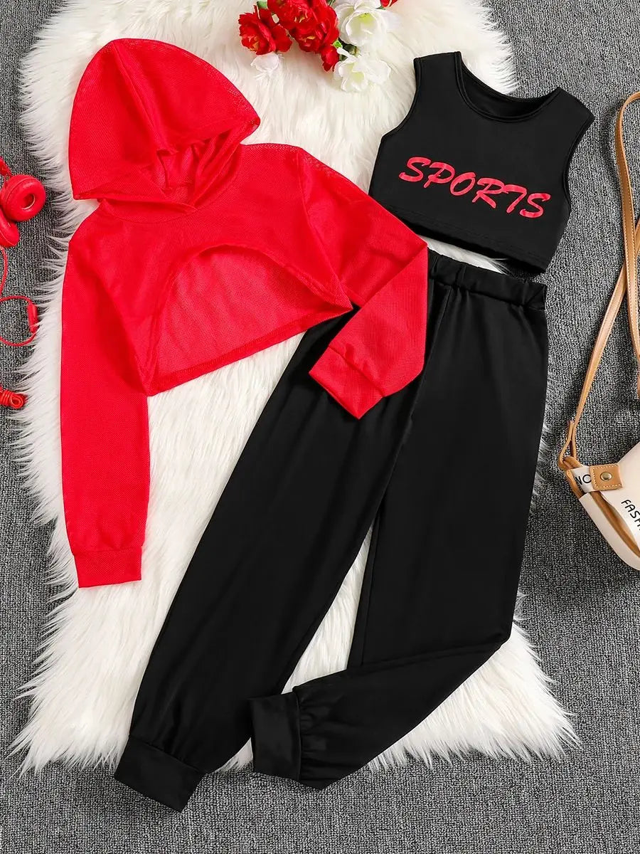 Girls' Casual Hooded Top Tank Pants Three-Piece Set