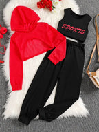 Girls' Casual Hooded Top Tank Pants Three-Piece Set