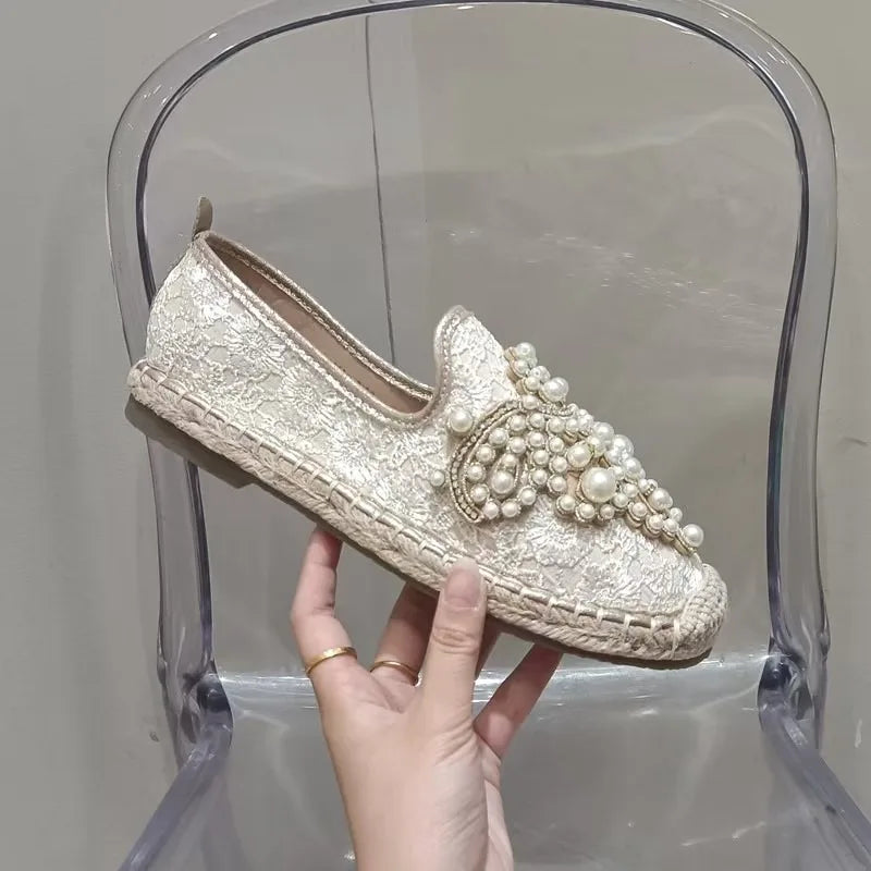 Women's String Bead Half Slippers Pearl Hemp Cotton Fabric Lace Slides