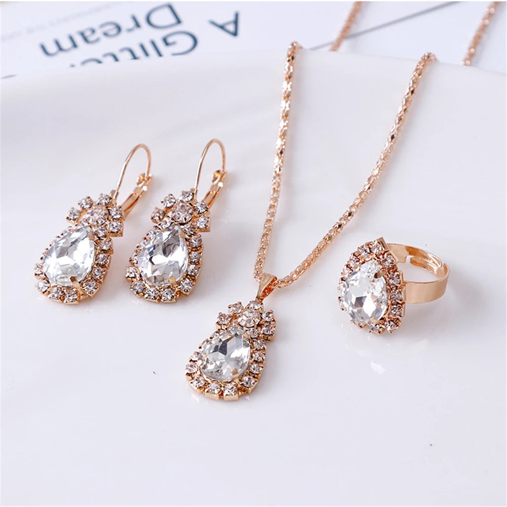 Women's Fashion Elegant Double Heart Necklace Earrings Bracelet Jewelry Set