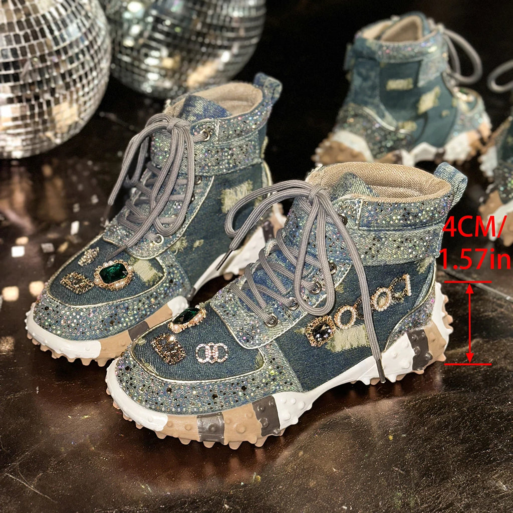 Women's Rhinestone High-Top Sneakers Diamond Lace-Up Casual Boots Thick Bottom