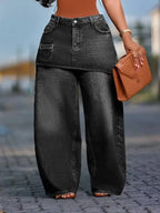 Women's Loose Fitting Fake Two Piece Wide Leg Denim Jeans Pants