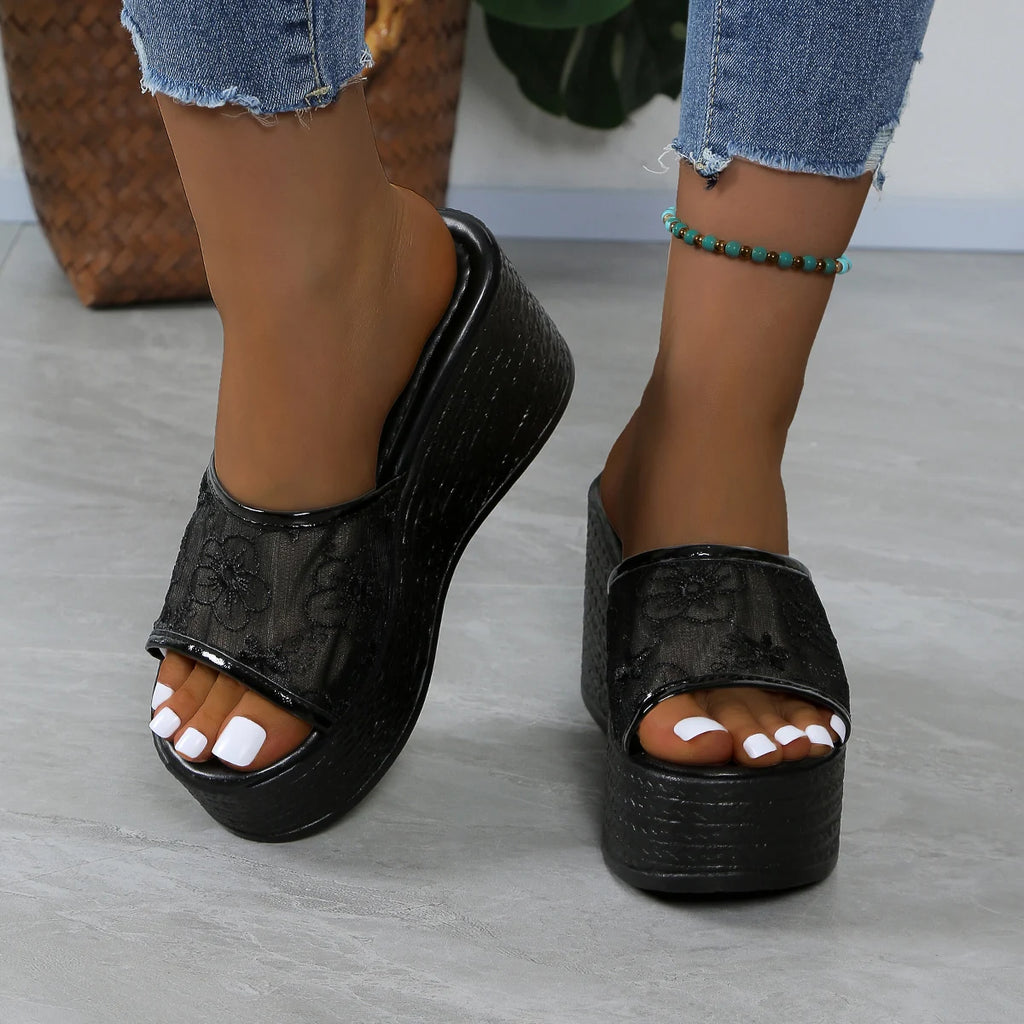 Women's Slip-On Wedge Platform Sandals with Floral Accents Black