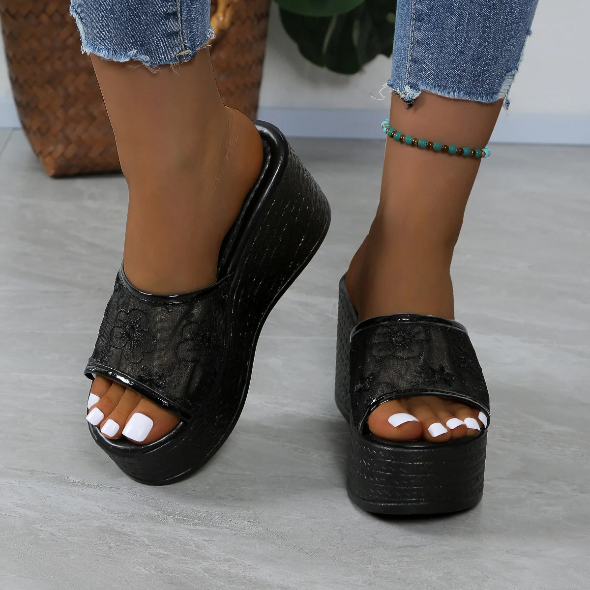 Women's Slip-On Wedge Platform Sandals with Floral Accents Black