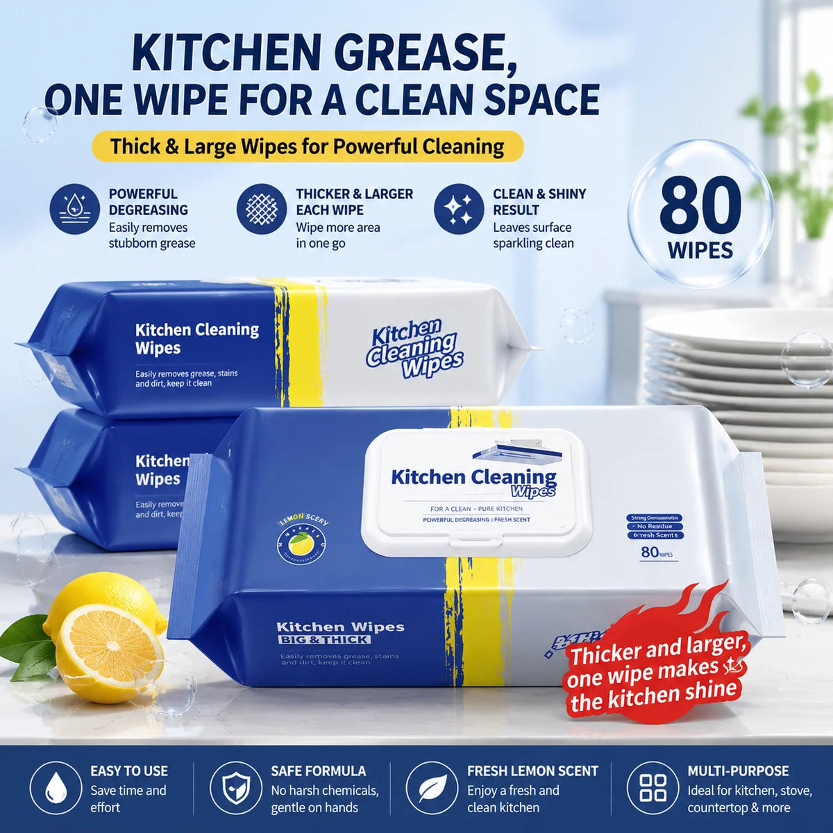 Kitchen Degreasing Cleaning Wipes and Oil Stain Remover Towels