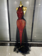 Women's Sexy Rhinestone Halter Backless Mesh Maxi Dress