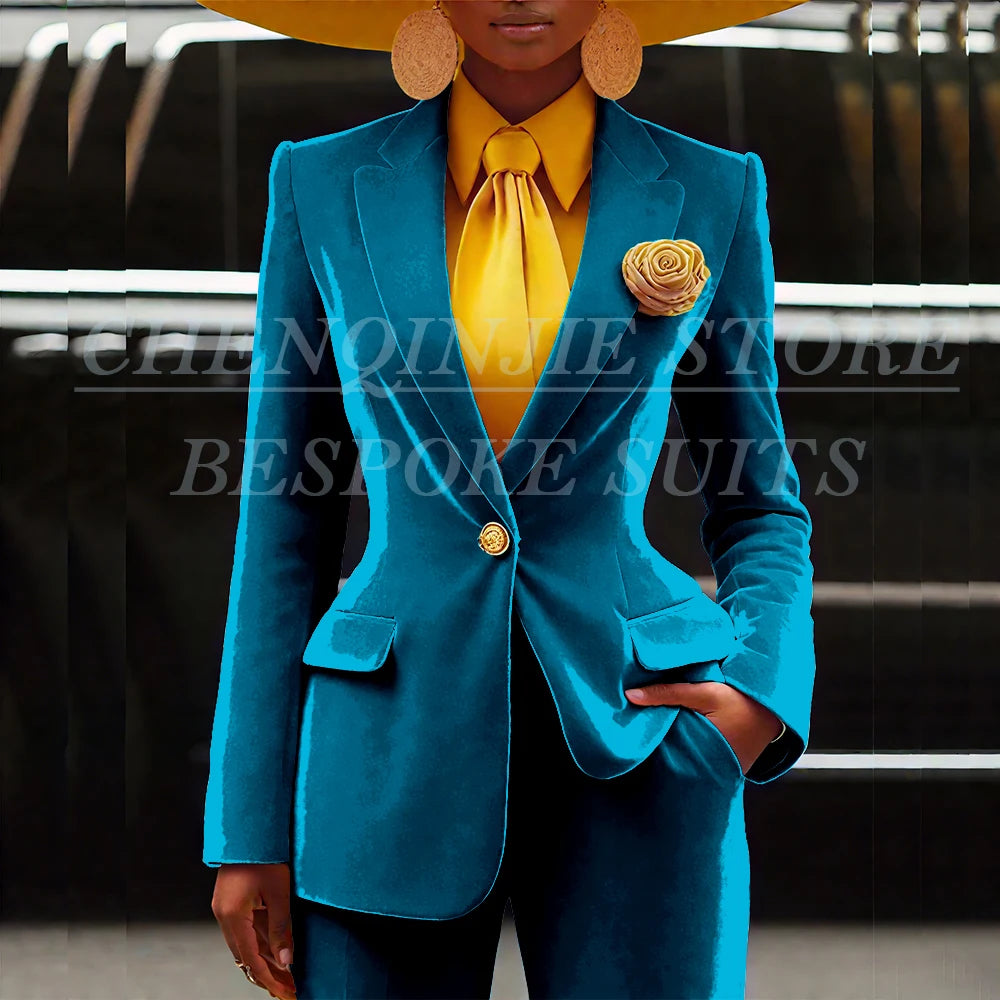 Women's Velvet Notch Lapel Slim Fit 2 Piece Pants Suit