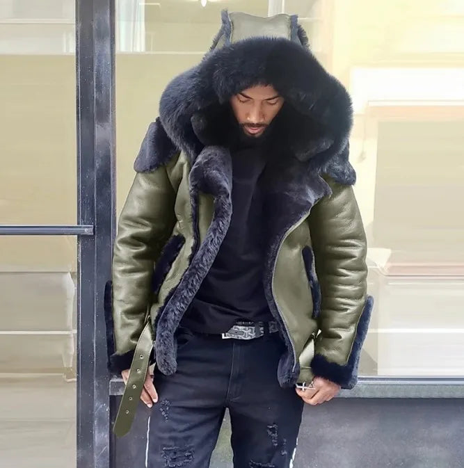 Men's Winter Warm PU Faux Fur Hooded Jacket Coat