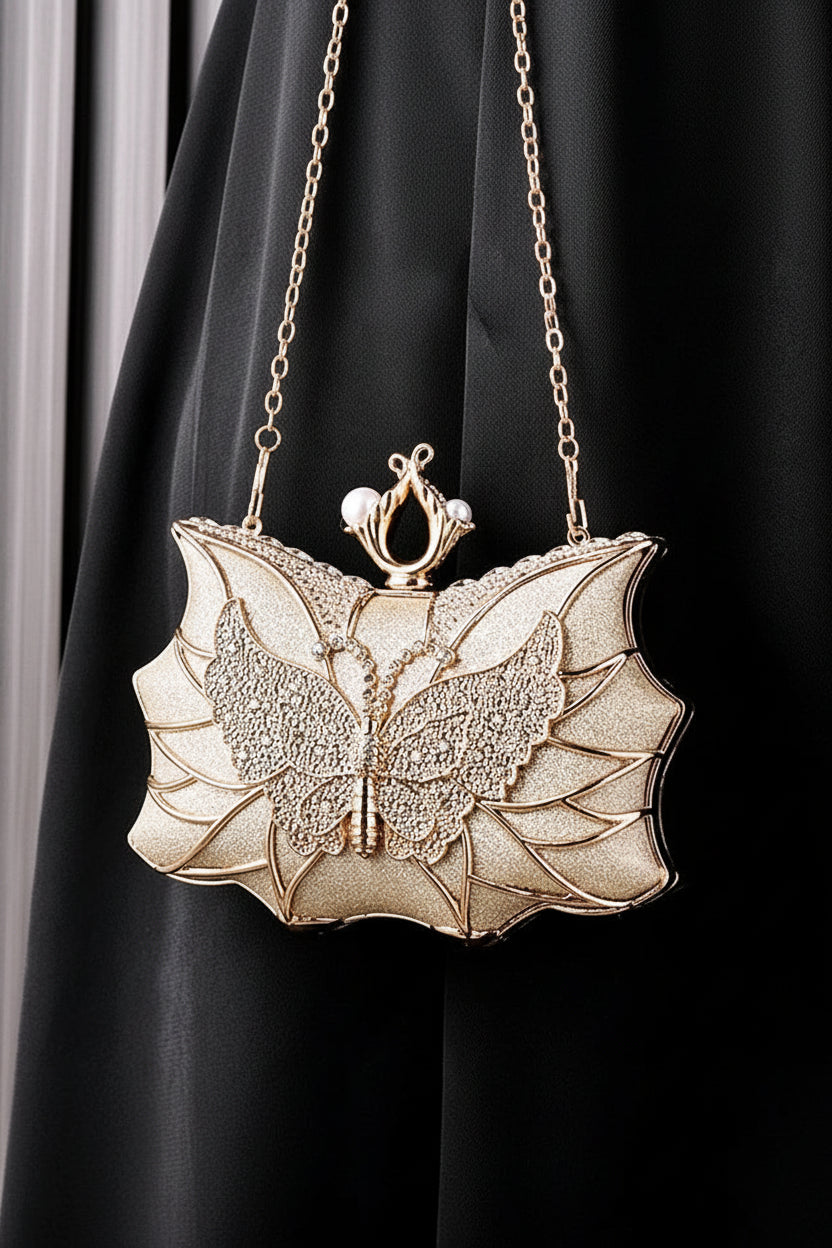 Hollow Butterfly Evening Clutch Bag with Sequins and Diamonds