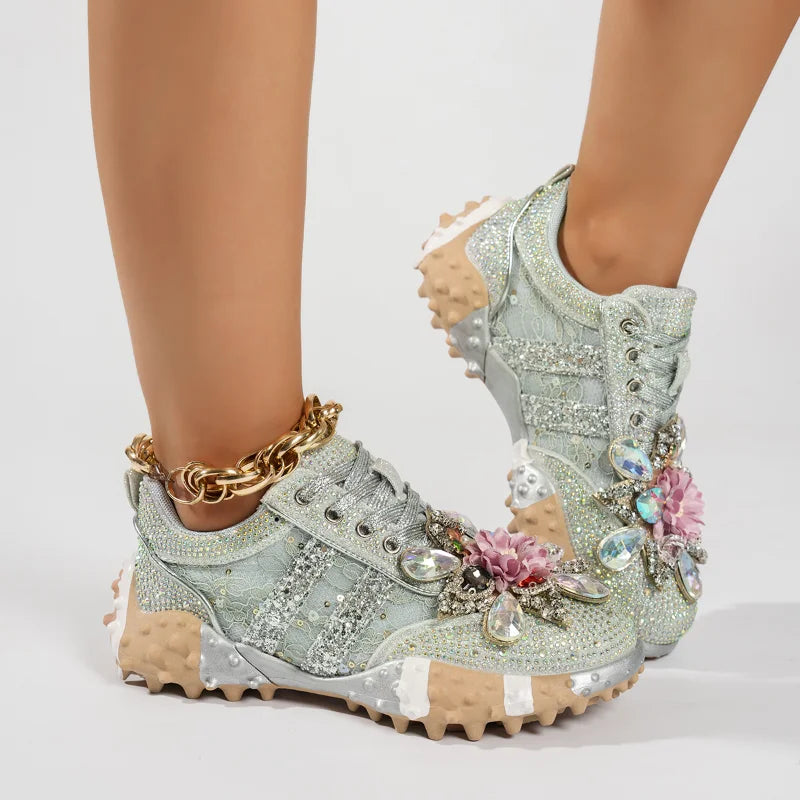 Women's Rhinestone Platform Sneakers Diamond Lace-Up Casual Skateboard Shoes