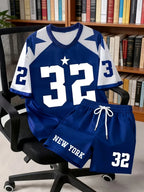 Men's Letter Print Round Neck T-Shirt and Drawstring Shorts Set