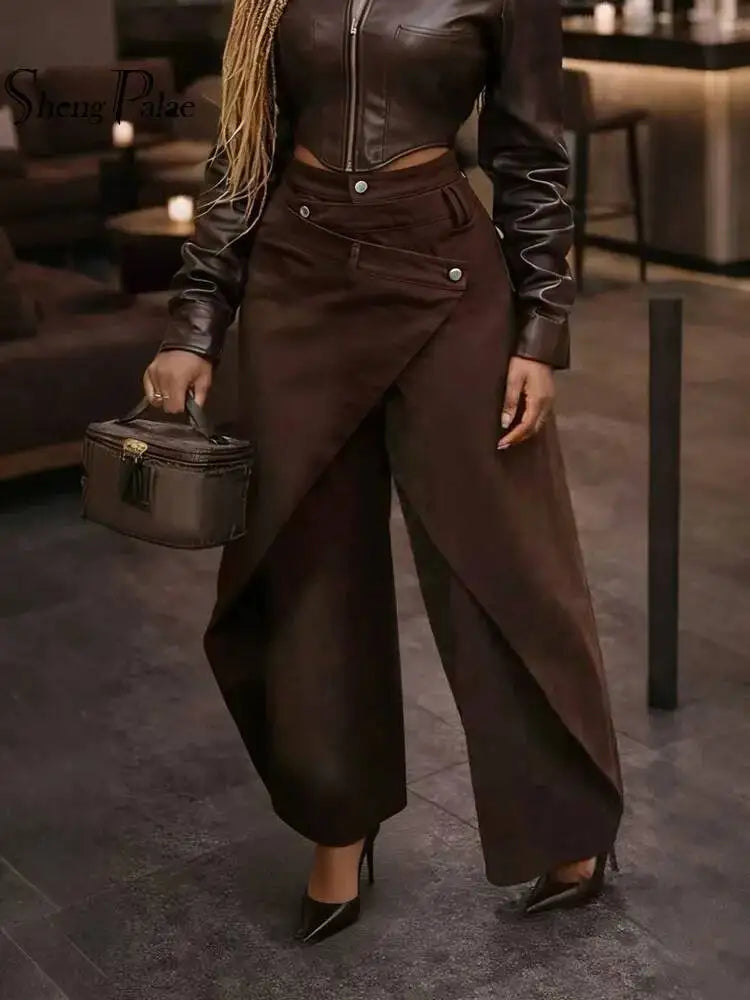 American Retro High Waist Wide Leg Trousers with Metal Buckle