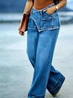 Women's Wide Leg Jeans High Waist Layered Denim Pants Blue