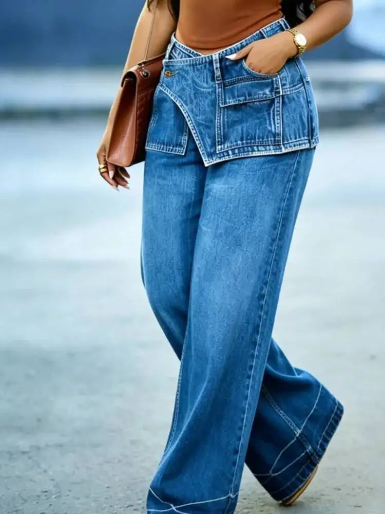Women's Wide Leg Jeans High Waist Layered Denim Pants Blue