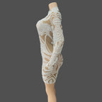Women's Sexy Pearls Mesh Long Sleeve Bodycon Mini Dress