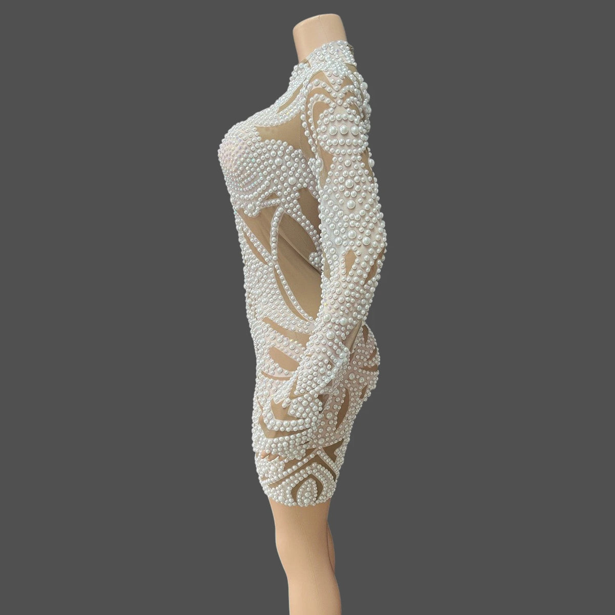 Women's Sexy Pearls Mesh Long Sleeve Bodycon Mini Dress