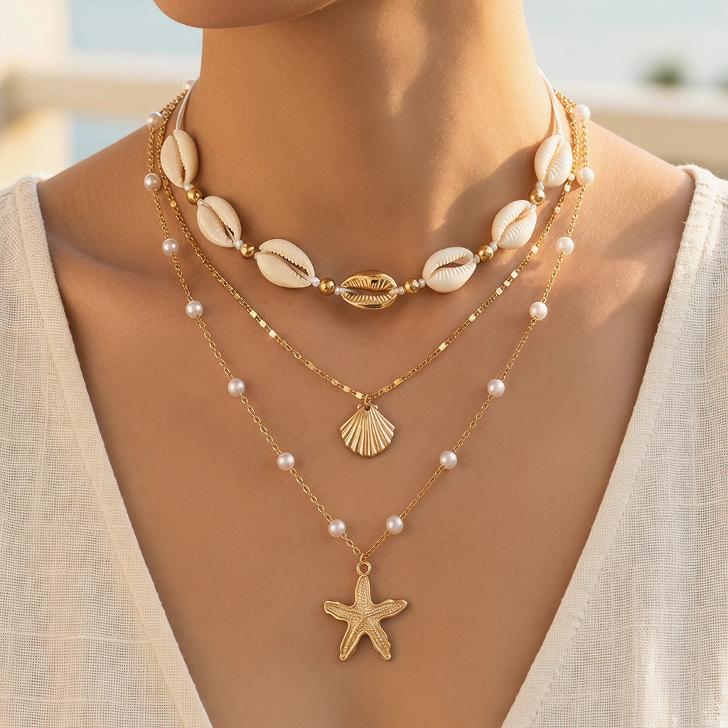 Women's Fashion Bohemian Layered Shell Starfish Pearl Necklace Set