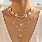 Women's Fashion Bohemian Layered Shell Starfish Pearl Necklace Set