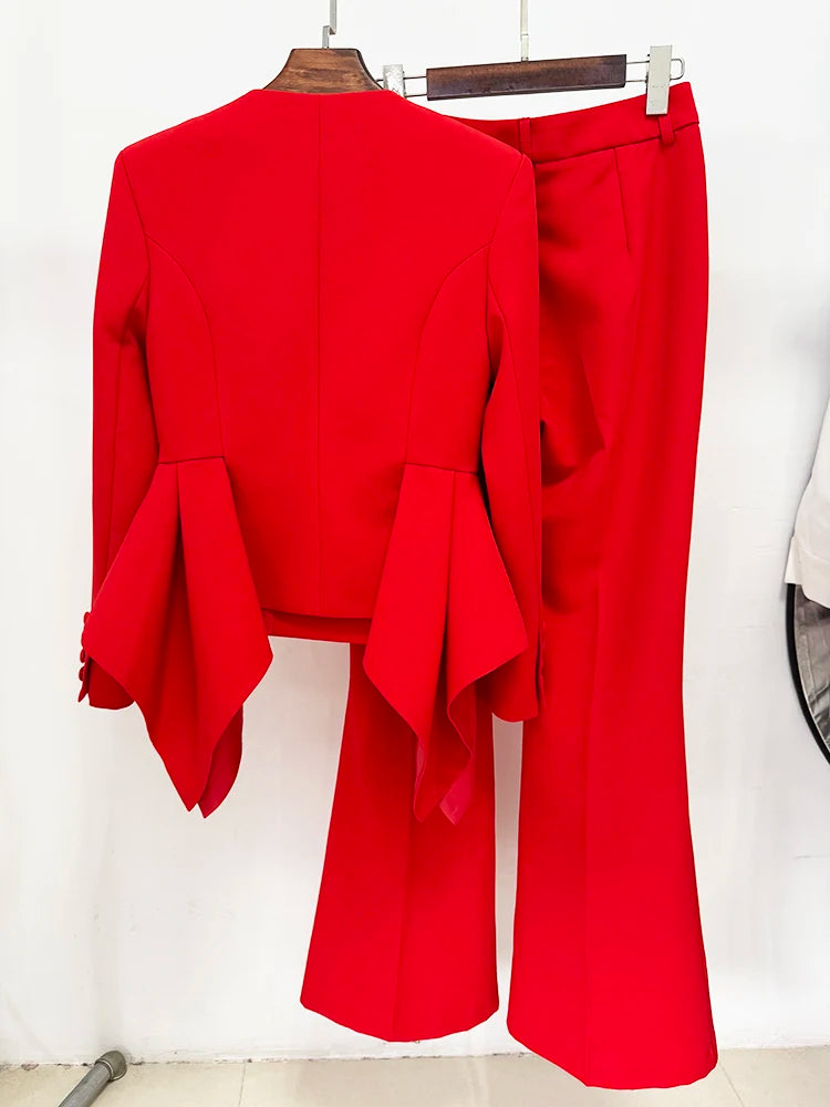 Women's V-Neck Ruffles Jacket Flare Pants Suit Set