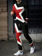 Men's Casual Striped Print Round Neck Shirt and Pants Set