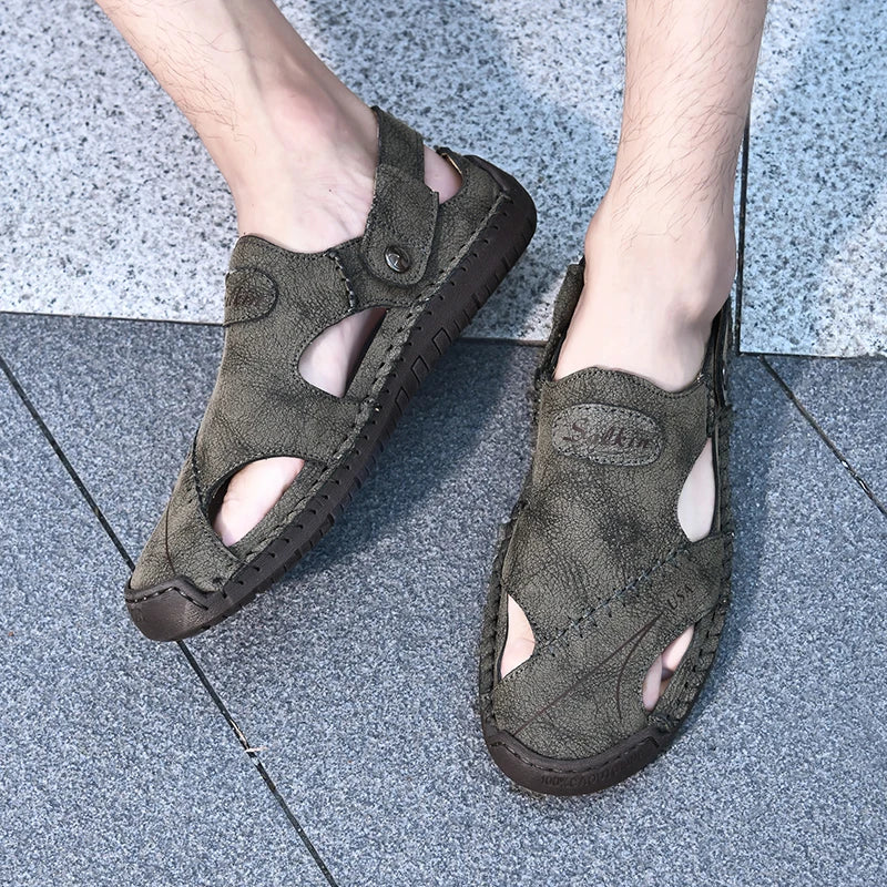 Abfuber Men's Casual Leather Sandals Breathable Hollow Out Shoes
