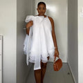 Women's Elegant Sleeveless Ruffle Bowneck White Mini Dress