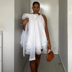 Women's Elegant Sleeveless Ruffle Bowneck White Mini Dress