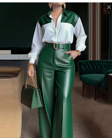 Women's Turn-Down Collar Shirt & Wide Leg Pants Set