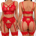 Women's Lace Bralette Panty and Garter Lingerie Set
