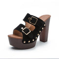 Women's Chunky Wooden Platform Sandals with Rivet Buckle Strap