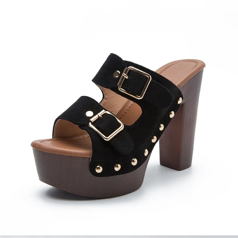 Women's Chunky Wooden Platform Sandals with Rivet Buckle Strap