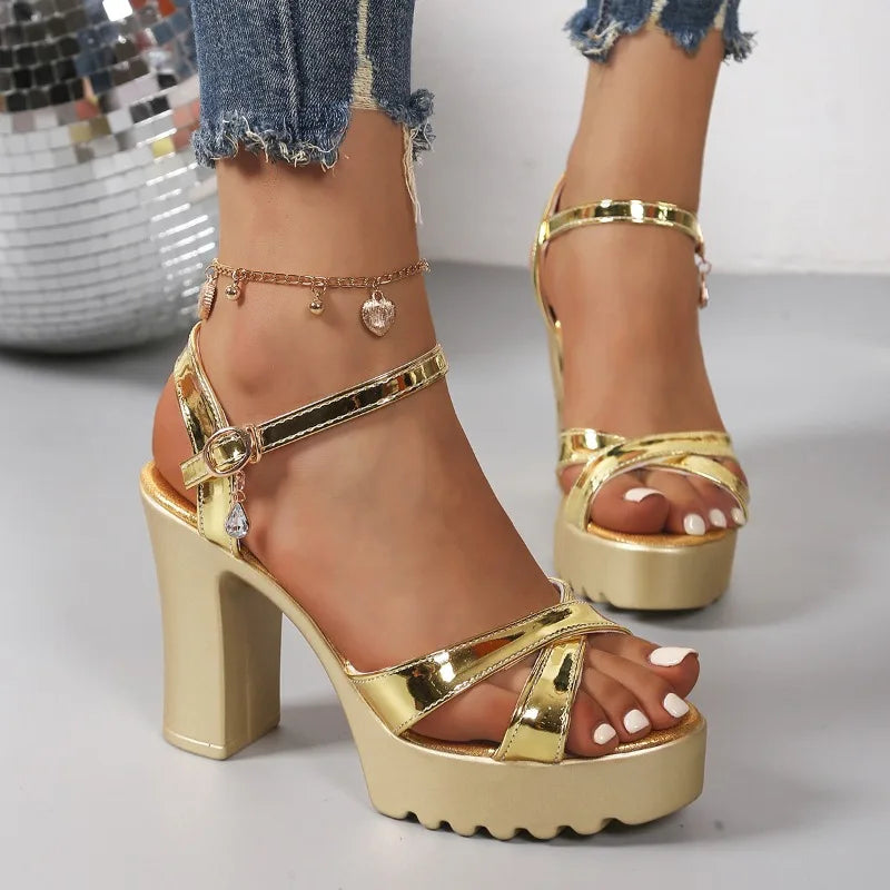 Women's Square Heel Gladiator Pumps Diamond Buckle Platform Sandals