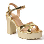 Women's Square Heel Gladiator Pumps Diamond Buckle Platform Sandals
