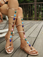 Women's Beaded Gladiator Flat Sandals with Ankle Strap