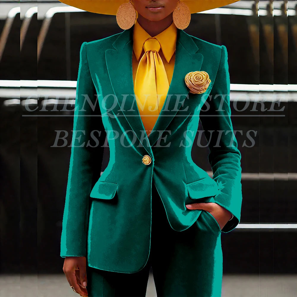 Women's Velvet Notch Lapel Slim Fit 2 Piece Pants Suit