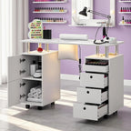Rolling Manicure Table Nail Desk with Dust Collector and LED Lights White