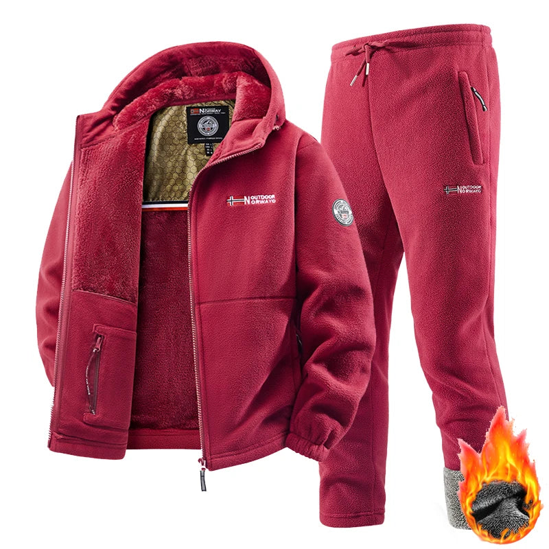 Men's Casual Retro Fleece Jacket and Pants Two Piece Tracksuit Set