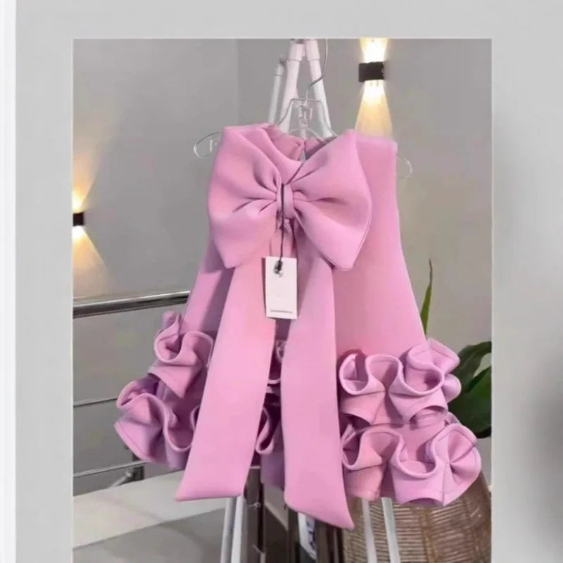 Girls' Bowknot Ruffled Hem Sleeveless Princess Dress A4028-3