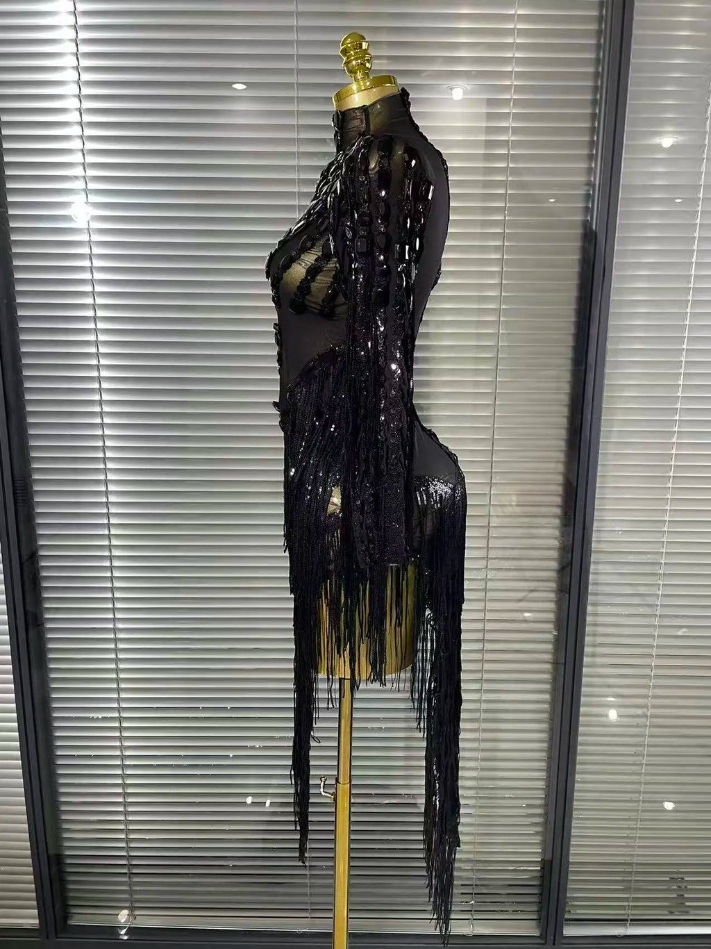 Women's Crystal Sequins Tassel One Shoulder Bodycon Midi Dress