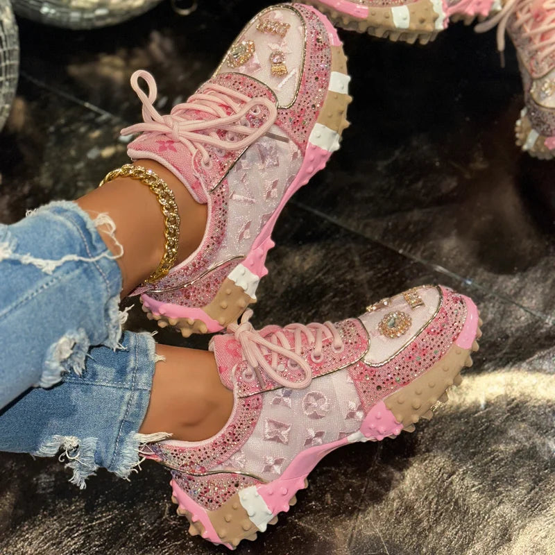 Women's Rhinestone Platform Sneakers Lace-Up Casual Skateboard Shoes