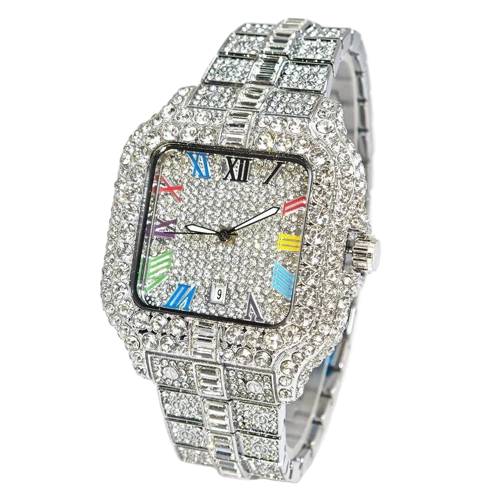 DITALING Men's Hip Hop Square Quartz Watch Stainless Steel 1.7in