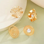 Women's Fashion Elegant Flower Pearl Hollow Geometric Ring Jewelry Set