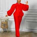 Women's Solid Satin Blouse and Straight Trousers Pants Set