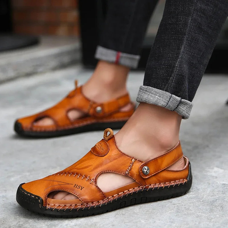 Yeinshaars Men's Casual Sandals Genuine Leather Non-Slip Flat Heel