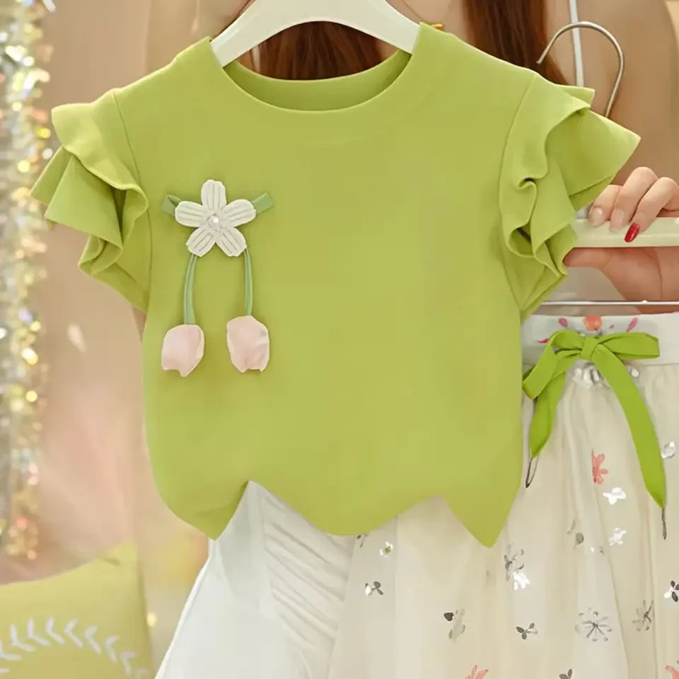 Girls' Lace Short Sleeve Floral Lantern Pants Two Piece Set