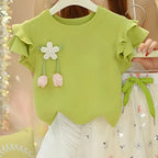 Girls' Lace Short Sleeve Floral Lantern Pants Two Piece Set